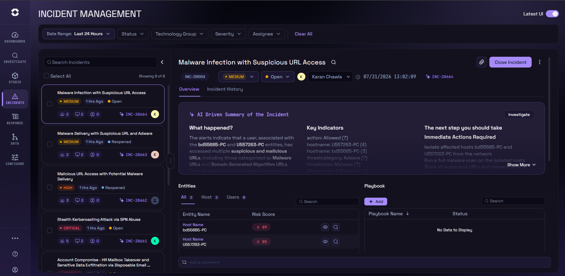 Incident Management, AI-driven incident summary with entities and playbooks
